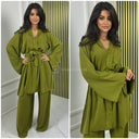 Golden Seam V Neck Tie Belt Wide Leg Set