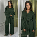 Golden Seam V Neck Tie Belt Wide Leg Set