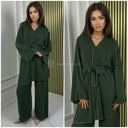 Golden Seam V Neck Tie Belt Wide Leg Set