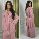 Golden Seam V Neck Tie Belt Wide Leg Set