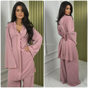 Golden Seam V Neck Tie Belt Wide Leg Set