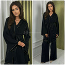 Golden Seam V Neck Tie Belt Wide Leg Set