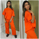 Half Sleeves Stripe Material Basic Wide Leg Set