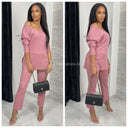 V Neck Thin Ribbed Wide Leg Musthave Set