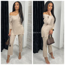 V Neck Thin Ribbed Wide Leg Musthave Set