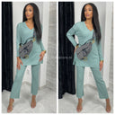 V Neck Thin Ribbed Wide Leg Musthave Set