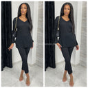 V Neck Thin Ribbed Wide Leg Musthave Set