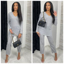 V Neck Thin Ribbed Wide Leg Musthave Set