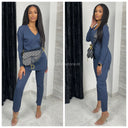 V Neck Thin Ribbed Wide Leg Musthave Set