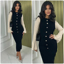 Long Sleeve Knit MultiColor Golden Button Dress