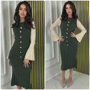 Long Sleeve Knit MultiColor Golden Button Dress