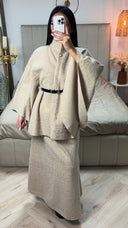 Oversized Teddy Tie Belt Poncho Skirt Set