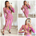 Motif Dress Front Split Shoulder Pads Purple Yellow