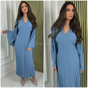 Pleated Tie Belt Dress Wide Sleeves