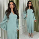 Pleated Tie Belt Dress Wide Sleeves