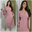 Pleated Tie Belt Dress Wide Sleeves