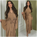 Pleated Tie Belt Dress Wide Sleeves