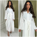 Pleated Tie Belt Dress Wide Sleeves