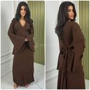 Pleated Tie Belt Dress Wide Sleeves