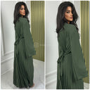 Pleated Tie Belt Dress Wide Sleeves