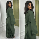 Pleated Tie Belt Dress Wide Sleeves