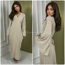 Pleated Tie Belt Dress Wide Sleeves