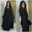 Pleated Tie Belt Dress Wide Sleeves