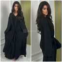 Pleated Tie Belt Dress Wide Sleeves