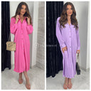 Maxi Pleated Blouse Dress Split Golden Buttons