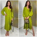 Maxi Pleated Blouse Dress Split Golden Buttons