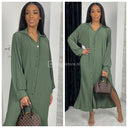 Maxi Pleated Blouse Dress Split Golden Buttons