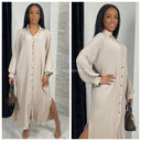 Maxi Pleated Blouse Dress Split Golden Buttons