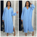 Maxi Pleated Blouse Dress Split Golden Buttons