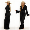 Shiny Ribbed Jumpsuit V Neck Waist Detail