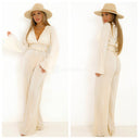 Shiny Ribbed Jumpsuit V Neck Waist Detail