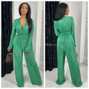 Shiny Ribbed Jumpsuit V Neck Waist Detail
