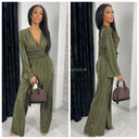 Shiny Ribbed Jumpsuit V Neck Waist Detail