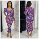 Trending Motif Print Dress Taille Detail Shoulder Pads 7932-2