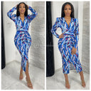 Trending Motif Print Dress Taille Detail Shoulder Pads 7932-2