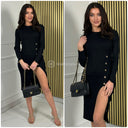 Ribbed Dress Military Buttons Front Split M9039