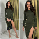 Ribbed Dress Military Buttons Front Split M9039