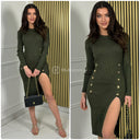 Ribbed Dress Military Buttons Front Split M9039