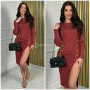 Ribbed Dress Military Buttons Front Split M9039
