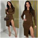 Ribbed Dress Military Buttons Front Split M9039