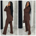 Ribbed High Neck Side Splits Long Wide Leg Set