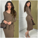 Ribbed Tie Belt V Neck Dress 9967
