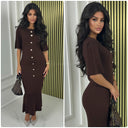 Round Neck Ribbed Knit Dress Golden Buttons