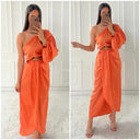 Satin Skirt Set One Shoulder 3 Button Detail
