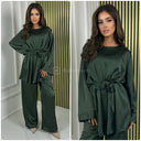 Satin Tie Belt Oversized Basic Wide Leg Set
