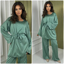 Satin Tie Belt Oversized Basic Wide Leg Set